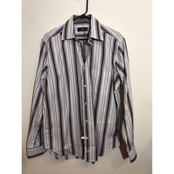 Bugatchi Shirt Mens Sz Medium Purple Striped Flip Cuff Long Sleeve Button Up - Picture 1 of 8